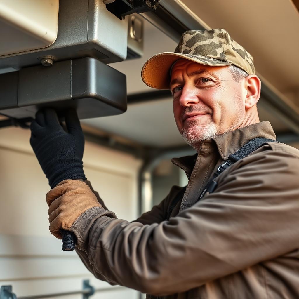 Veteran garage door technician adjusting opener motor