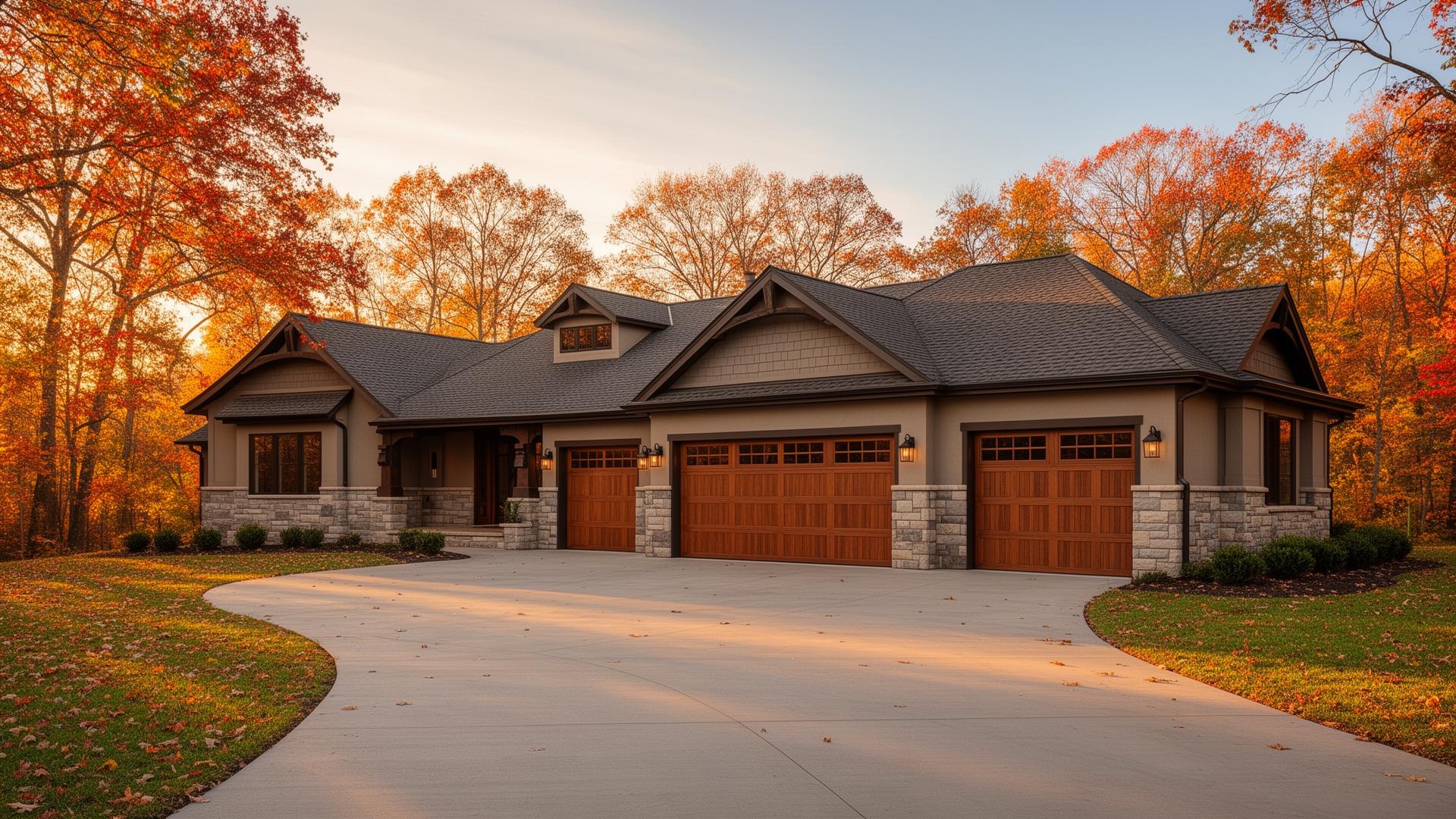 Premium insulated steel garage doors with wood overlay on ranch-style home in Yarmouth Port